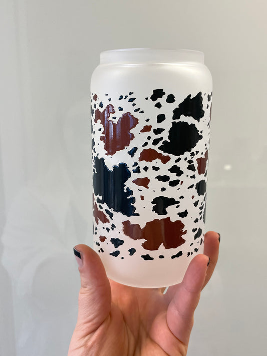 Black & Brown Cow Print Glass Can